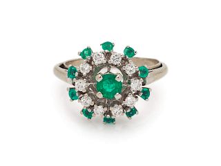 A 14 Karat White Gold, Emerald and Diamond Ring,
