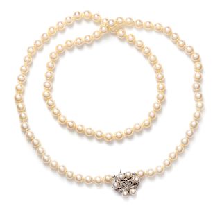 A 14 Karat White Gold, Cultured Pearl and Diamond Necklace,