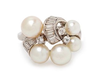 A Platinum, White Gold, Cultured Pearl and Diamond Ring,