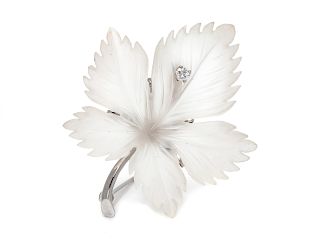 A 14 Karat White Gold, Rock Crystal and Diamond Maple Leaf Brooch,