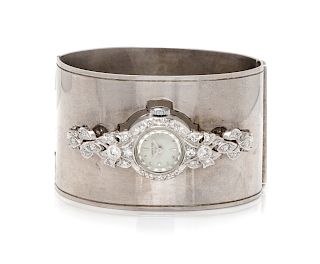 A Sterling Silver, White Gold and Diamond Watch Bangle Bracelet,