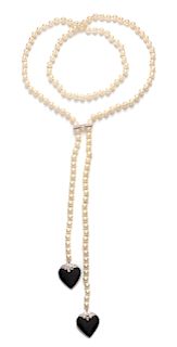 A Platinum, Cultured Pearl, Onyx and Diamond Lariat Necklace,