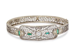 A 14 Karat White Gold, Diamond and Glass Bangle Bracelet,