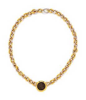 An 18 Karat Bicolor Gold, Ancient Roman Coin and Diamond Necklace, Italian,