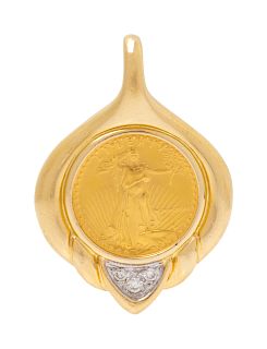 A Yellow Gold, US $5 Liberty Coin and Diamond Pendant,