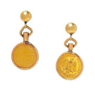 A Pair of 14 Karat Yellow Gold and Dos Pesos Coin Earrings,