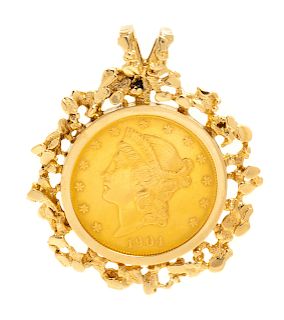 A 14 Karat Yellow Gold and US $20 Liberty Coin Pendant,