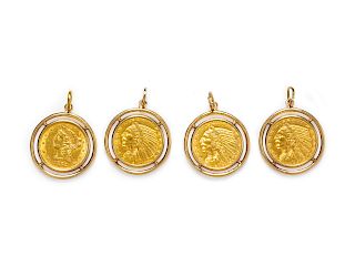 A Collection of 14 Karat Yellow Gold and Coin Pendants,