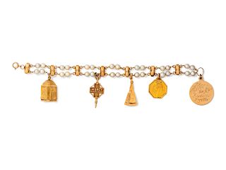 A Yellow Gold and Cultured Pearl Charm Bracelet,