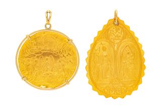 A Collection of High Karat Yellow Gold Religious Pendants,