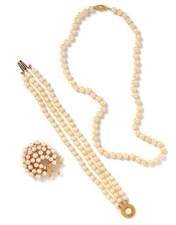 A Collection of Yellow Gold and Cultured Pearl Jewelry,