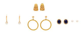 A Collection of Yellow Gold Earrings,