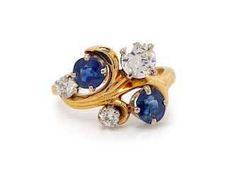A 14 Karat Yellow Gold, Sapphire and Diamond Ring,