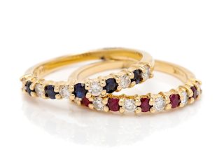 A Collection of 14 Karat Yellow Gold, Diamond, Sapphire and Ruby Rings,