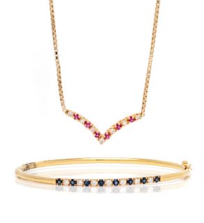 A Collection of 14 Karat Yellow Gold, Diamond, Sapphire and Ruby Jewelry,