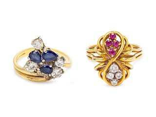 A Collection of 18 Karat Yellow Gold, Diamond and Gemstone Rings,