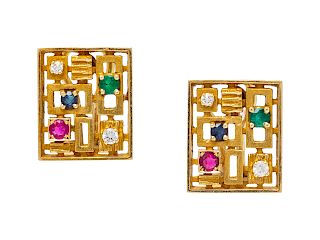 A Pair of 18 Karat Yellow Gold, Diamond, Ruby, Sapphire and Emerald Earclips, Italian,