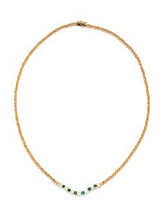 A 14 Karat Yellow Gold, Emerald and Diamond Necklace,
