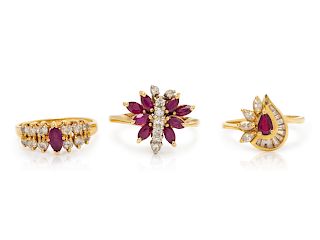A Collection of 14 Karat Yellow Gold, Gemstone and Diamond Rings,