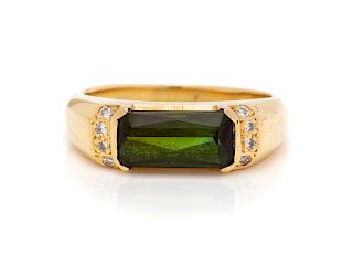 A 14 Karat Yellow Gold, Green Tourmaline and Diamond Ring,
