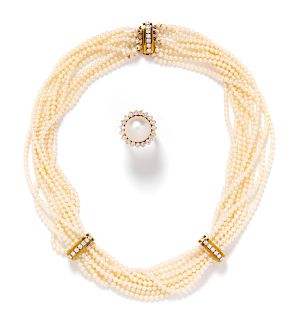 A Collection of Yellow Gold, Cultured Pearl and Diamond Jewelry,