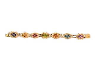 A 14 Karat Yellow Gold, Multigem and Diamond Slide Bracelet,
