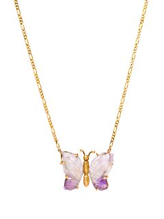 A 14 Karat Yellow Gold and Amethyst Butterfly Necklace,