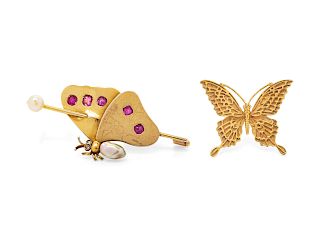 A Collection of Yellow Gold Butterfly Brooches,