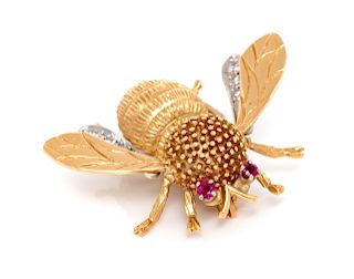 A 14 Karat Bicolor Gold, Diamond and Ruby Bee Brooch, Carl D. Lindstrom,