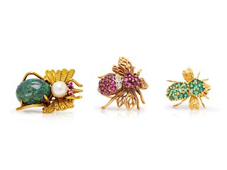 A Collection of 14 Karat Yellow Gold and Gemstone Insect Brooches,