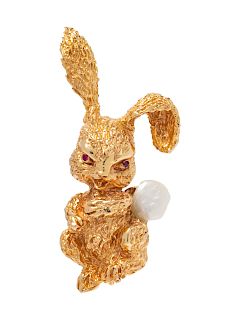 A 14 Karat Yellow Gold, Cultured Baroque Pearl and Ruby Rabbit Brooch, Ruser,