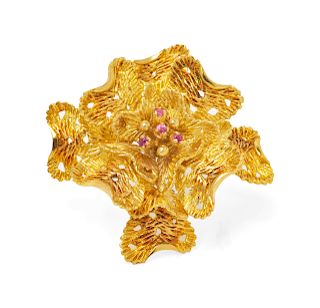 An 18 Karat Yellow Gold and Ruby Brooch,
