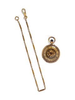 A 18 Karat Yellow Gold Open Face Pocket Watch and Yellow Gold Fob Chain,