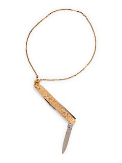 An Art Nouveau Yellow Gold and Metal Pocket Knife on Chain,