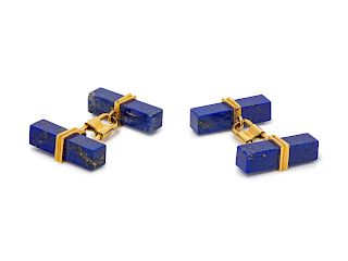 A Pair of Yellow Gold and Lapis Lazuli Cufflinks,