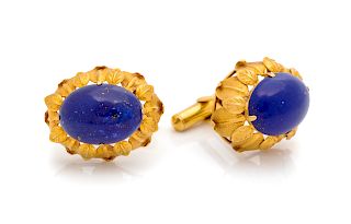 A Pair of 14 Karat Yellow Gold and Lapis Lazuli Cufflinks,