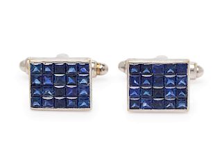 A Pair of White Gold and Sapphire Cufflinks,