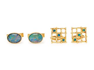 A Collection of 14 Karat Yellow Gold and Opal Cufflinks,