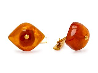 A Pair of Yellow Gold and Amber Cufflinks,