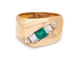 A 14 Karat Yellow Gold, Emerald and Diamond Ring,