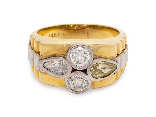 A 14 Karat Bicolor Gold, Diamond and Colored Diamond Ring,
