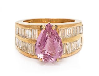An 18 Karat Yellow Gold, Pink Topaz and Diamond Ring,