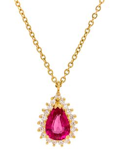 An 18 Karat Yellow Gold, Pink Tourmaline and Diamond Pendant Necklace,