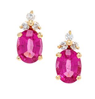 A Pair of 14 Karat Yellow Gold, Pink Tourmaline and Diamond Earrings,