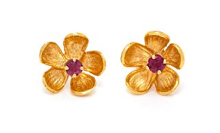 A Pair of Yellow Gold and Ruby Flower Motif Earrings,