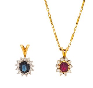 A Collection of Bicolor Gold, Gemstone and Diamond Pendants with Chain,