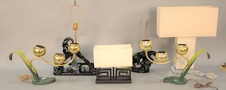 Six-piece Mid Century lamp lot to include pair of green and brass three light lamps, two black porcelain animal figural lamps, lamp with a lucite base