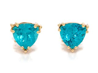A Pair of Yellow Gold and Apatite Earclips,