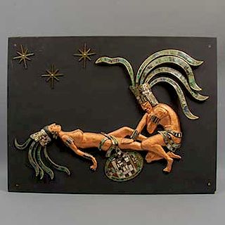 Panel de Popocatepetl e Iztacíhuatl. México. SXX. Elaborado en metal. Decorado con aplicaciones en concha nacar, otros. 61 x 82 cm.