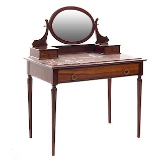 Tocador con espejo. SXX. En talla de madera. Con cubierta de mármol marrón jaspeado y espejo de luna oval biselada. 124 x 100 x 60 cm.